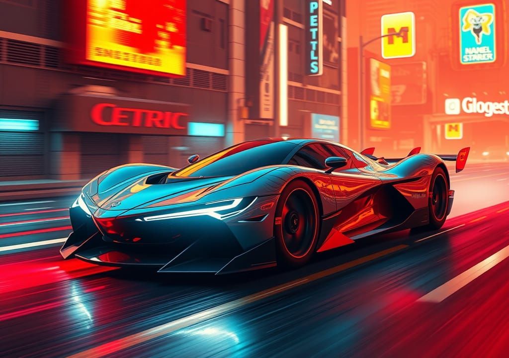 Futuristic Supercar Speeding Through Neon Cityscape
