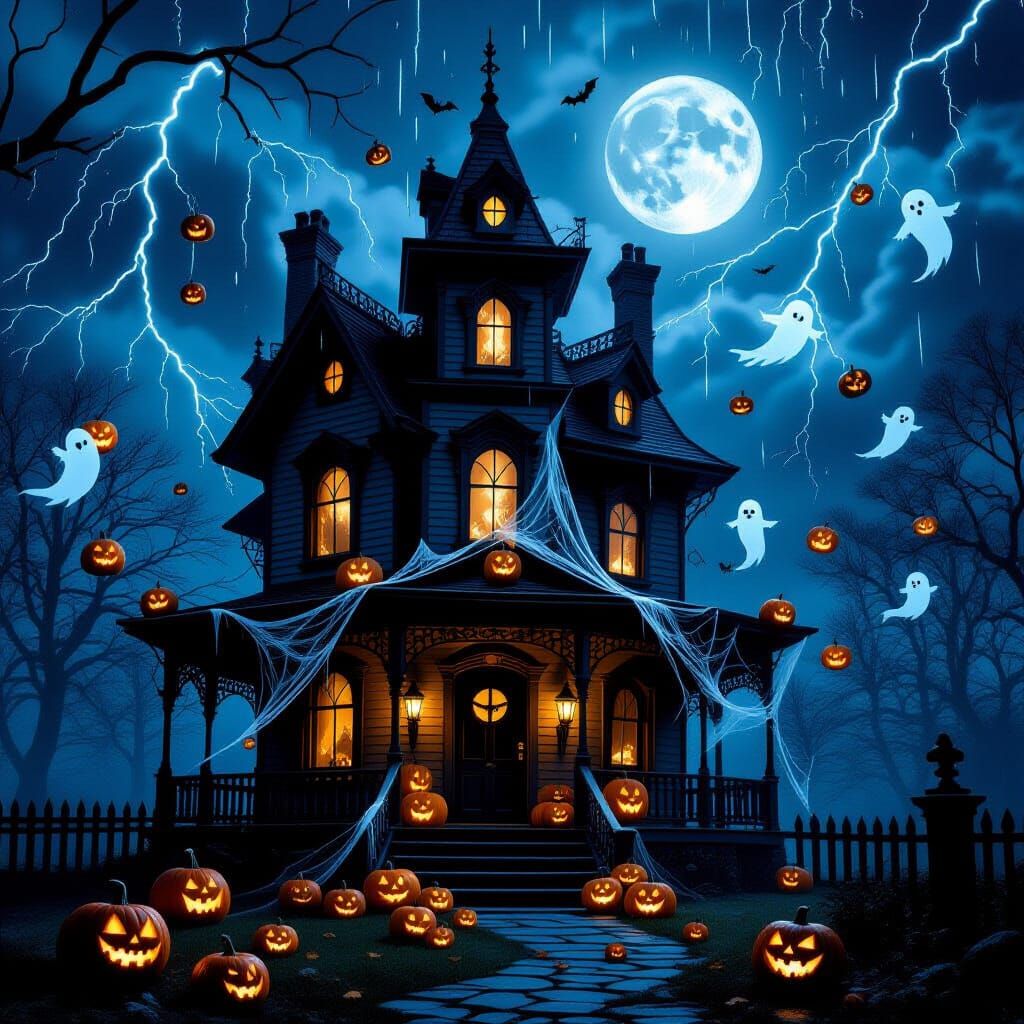 Spooky Victorian Halloween Treehouse in Ghostly Moonlight