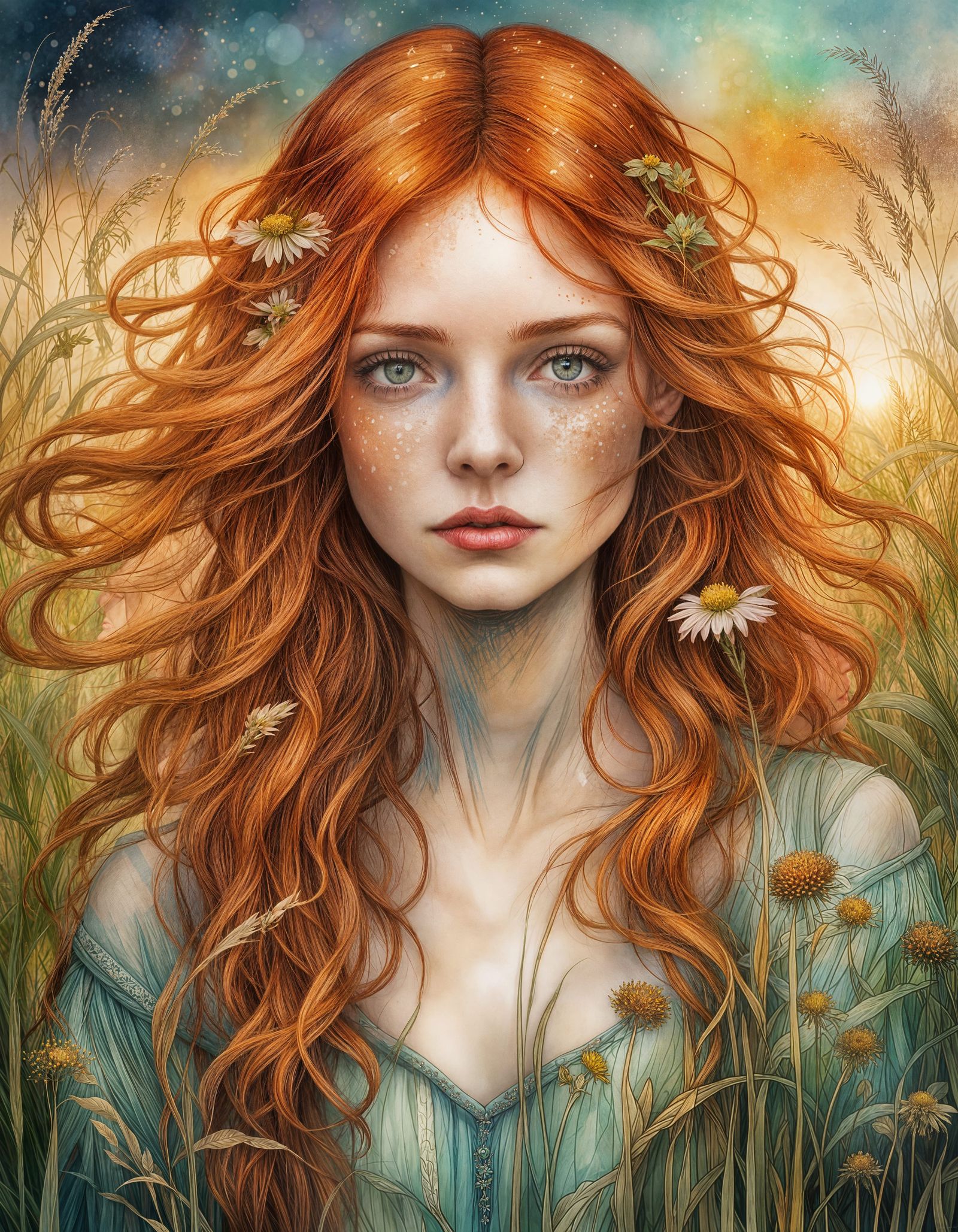 Art Nouveau Redhead Portrait in Wildflower Field