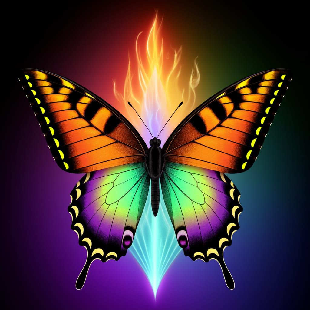 Vibrant Blacklight Butterfly Dances Around Glowing Flame