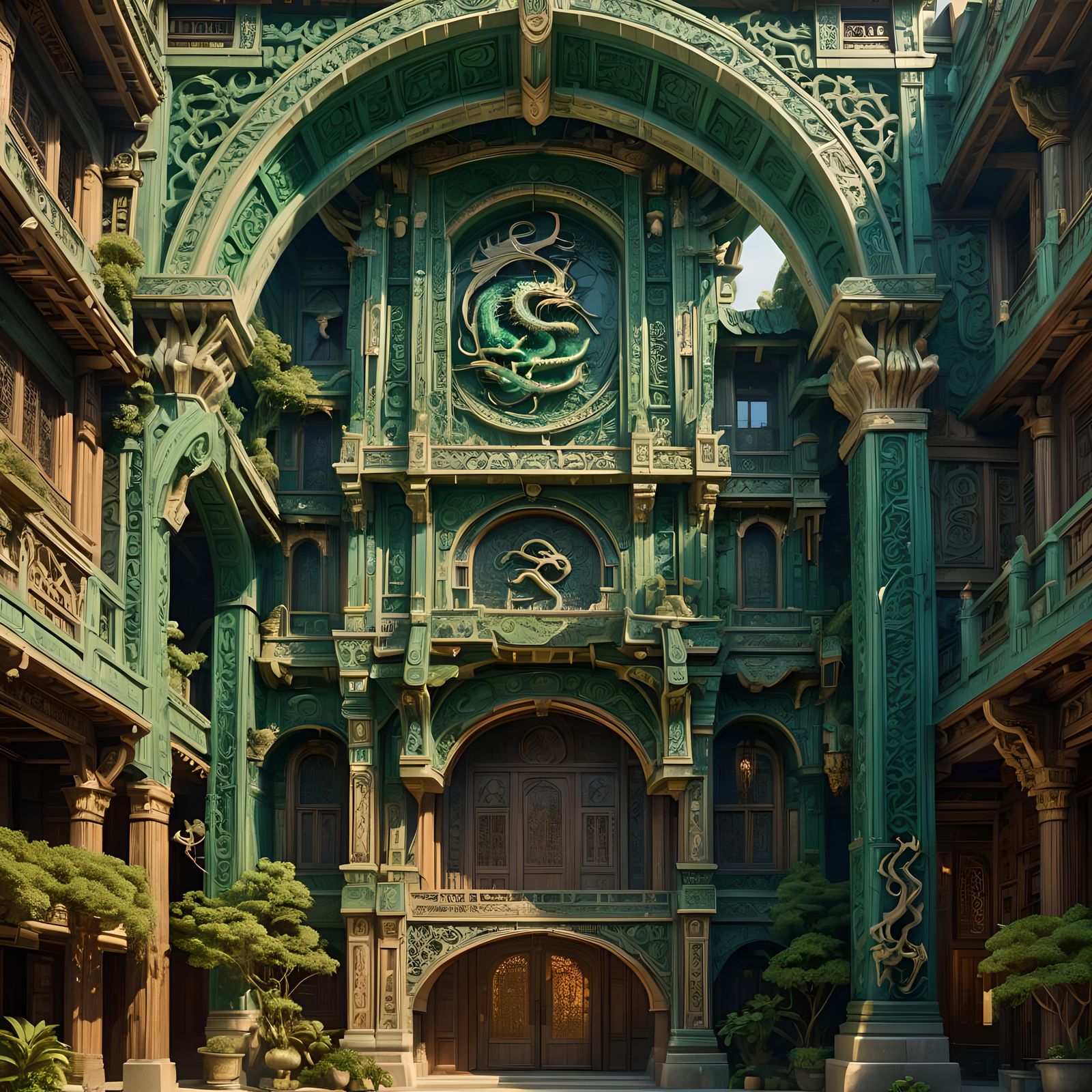 Elaborate Wood Carving of Soaring Jade Sect Buildings