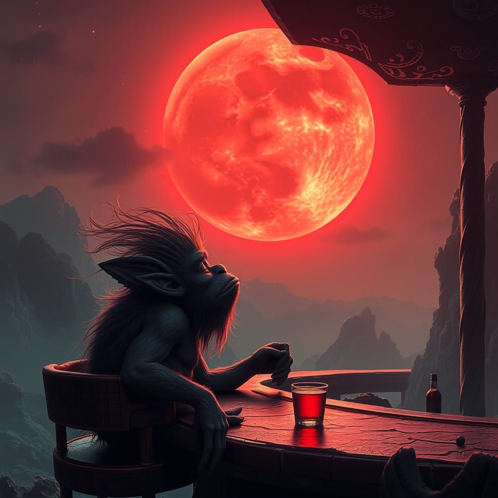 Troll Gazing at Red Moon in Dreamlike Bar