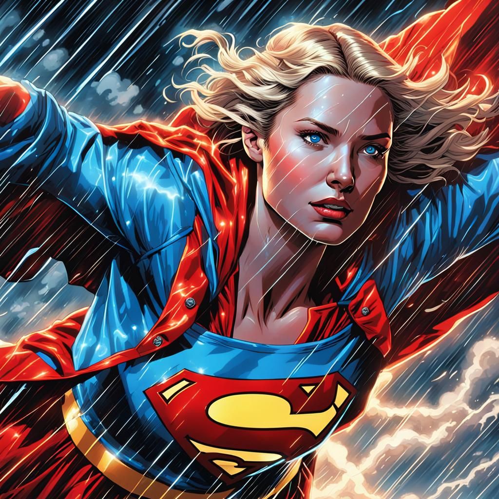 Supergirl in Neon Raincoat Comic Book Art