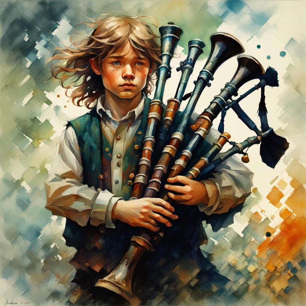 Irish Boy Playing Bagpipes in Pointillism Style