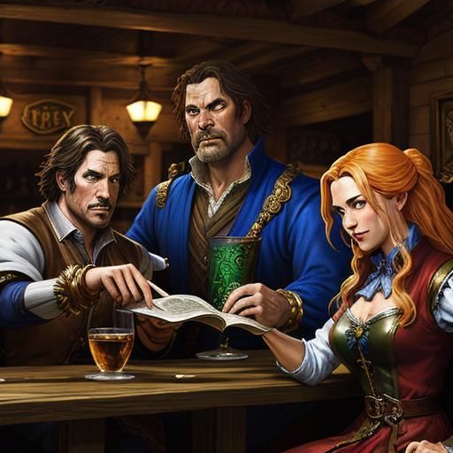 Lively Fantasy Tavern Scene in Comic Book Art Style