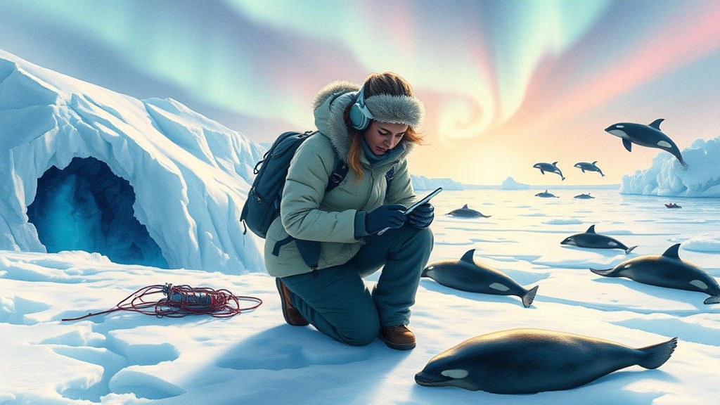 Scientist in Polar Landscape with Glaciers and Aurora Boreal...