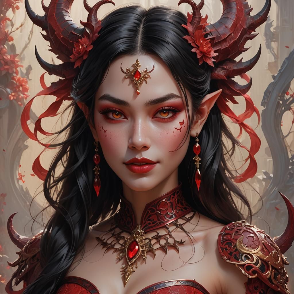 Charming Human-Demon Hybrid in Detailed Acrylic Painting