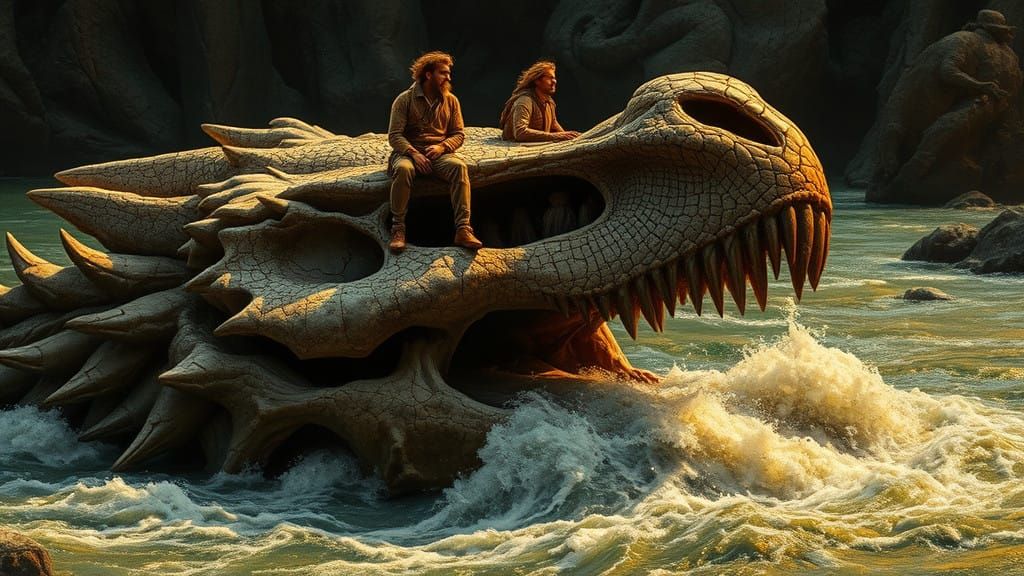 Men on a Fossilized Dragon's Skull Descends a Turbulent Rive...