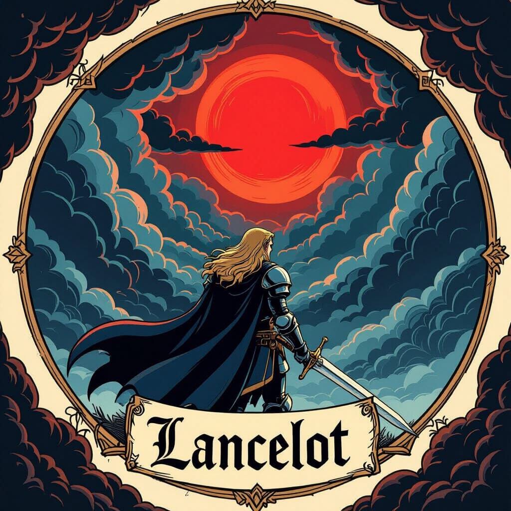 Lancelot in Cartoon Style with Gothic Name and Red Sun