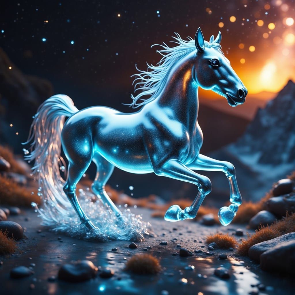 Semi-Transparent Water Horse Running in Ethereal Glow