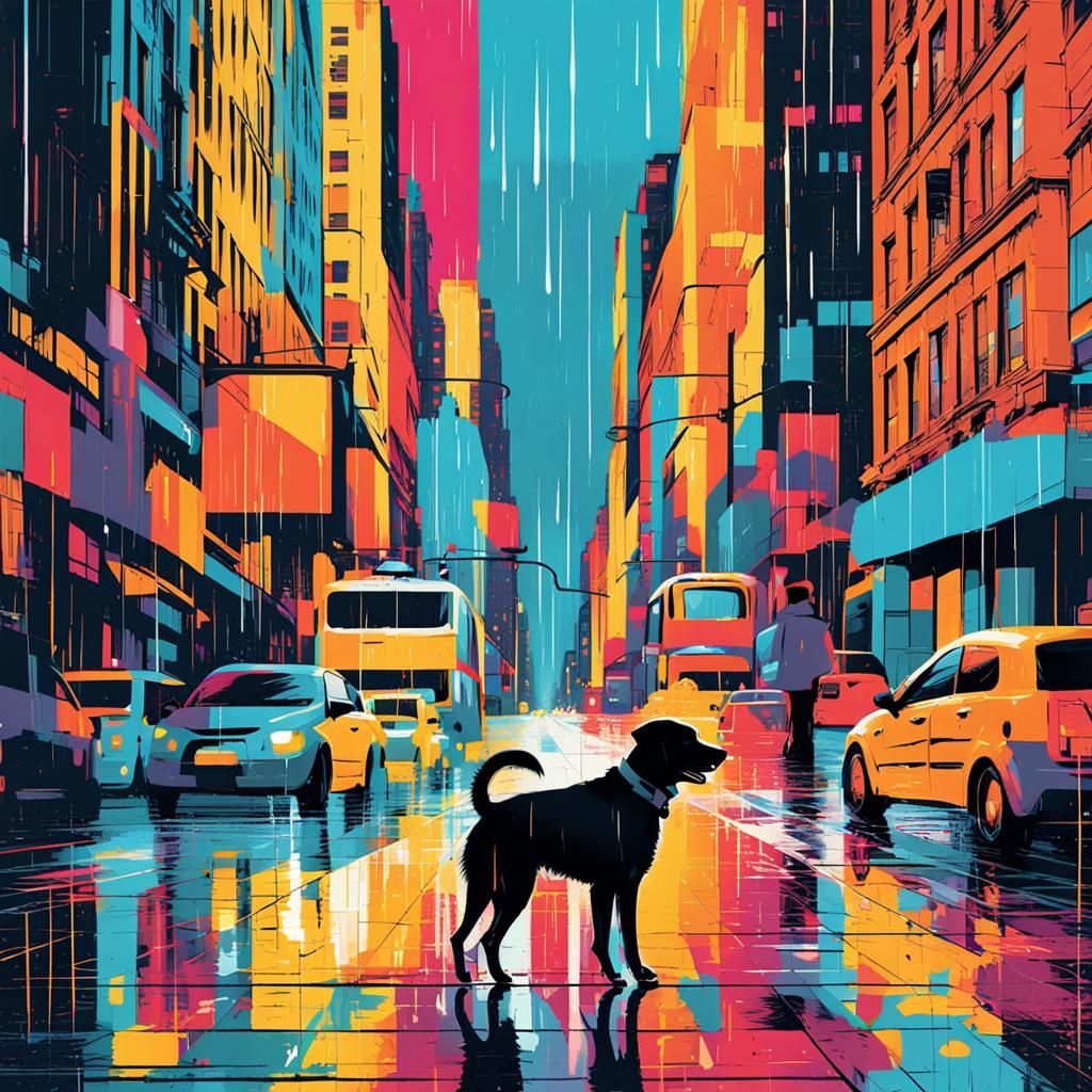 Kid Adopts Stray Dog in Rainy New York: Pop Art