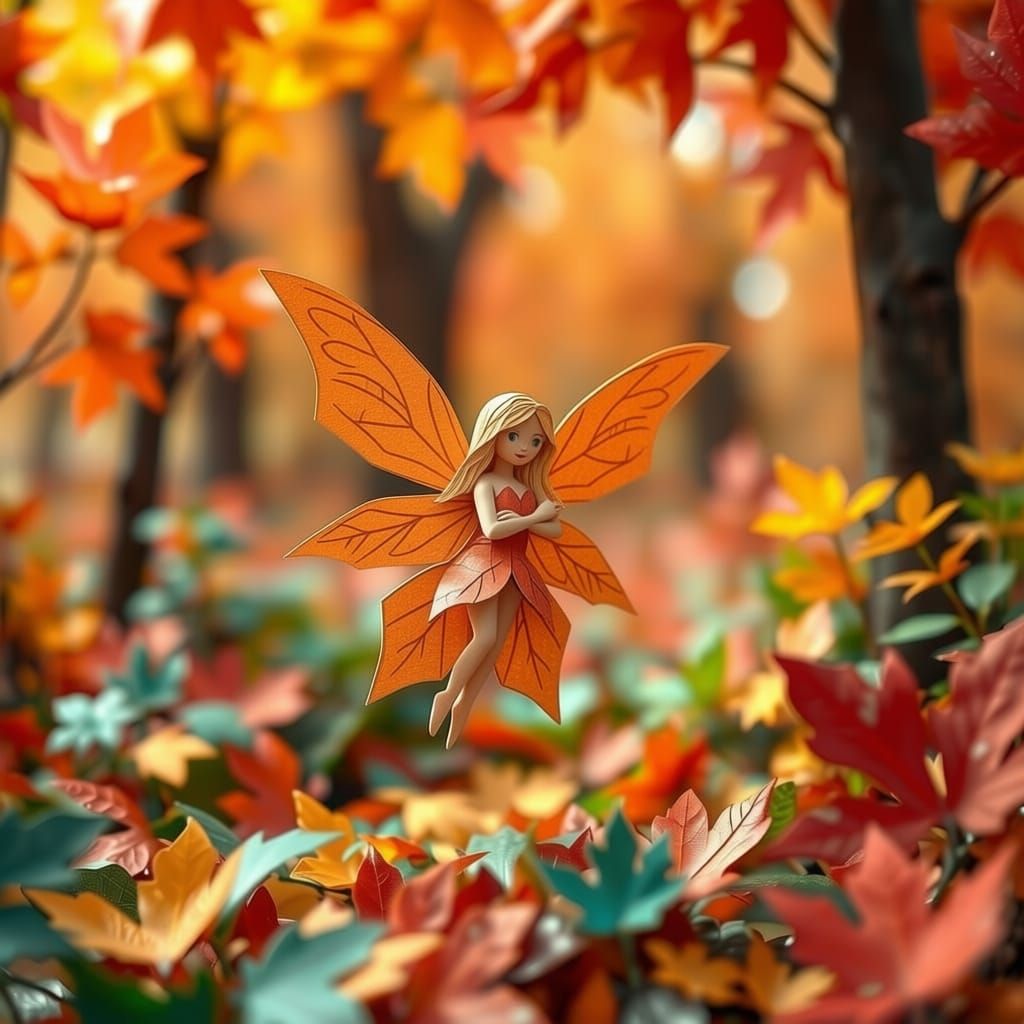 Playful Autumn Fairy in Lush Forest Origami Style