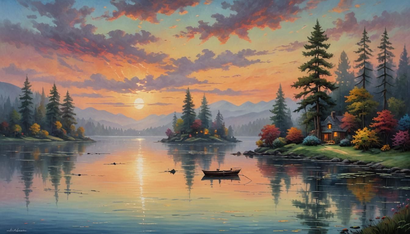 Impressionist Sunset Lakeside Scene in Acrylic