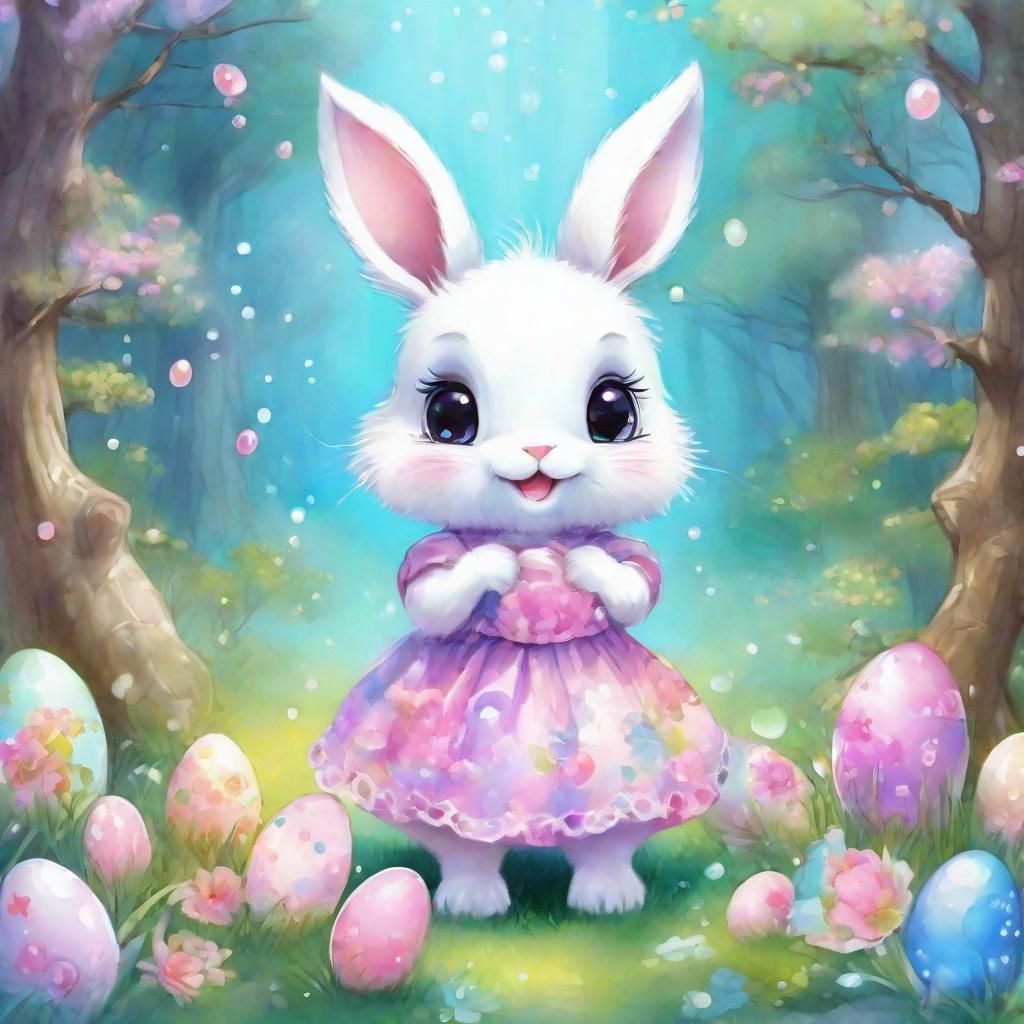 Pastel Chibi Easter Bunny in Enchanted Forest