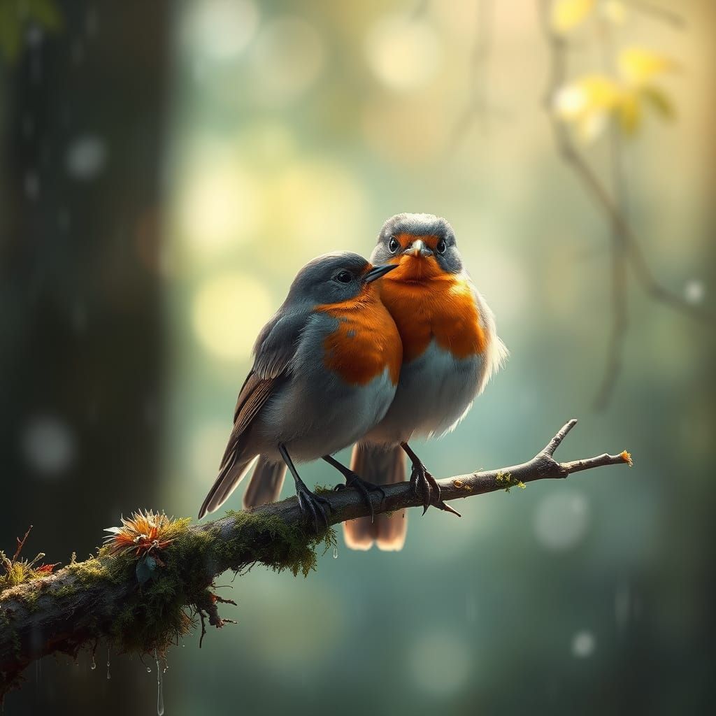 Robins in Rainy Forest: An Impressionist Oil Painting