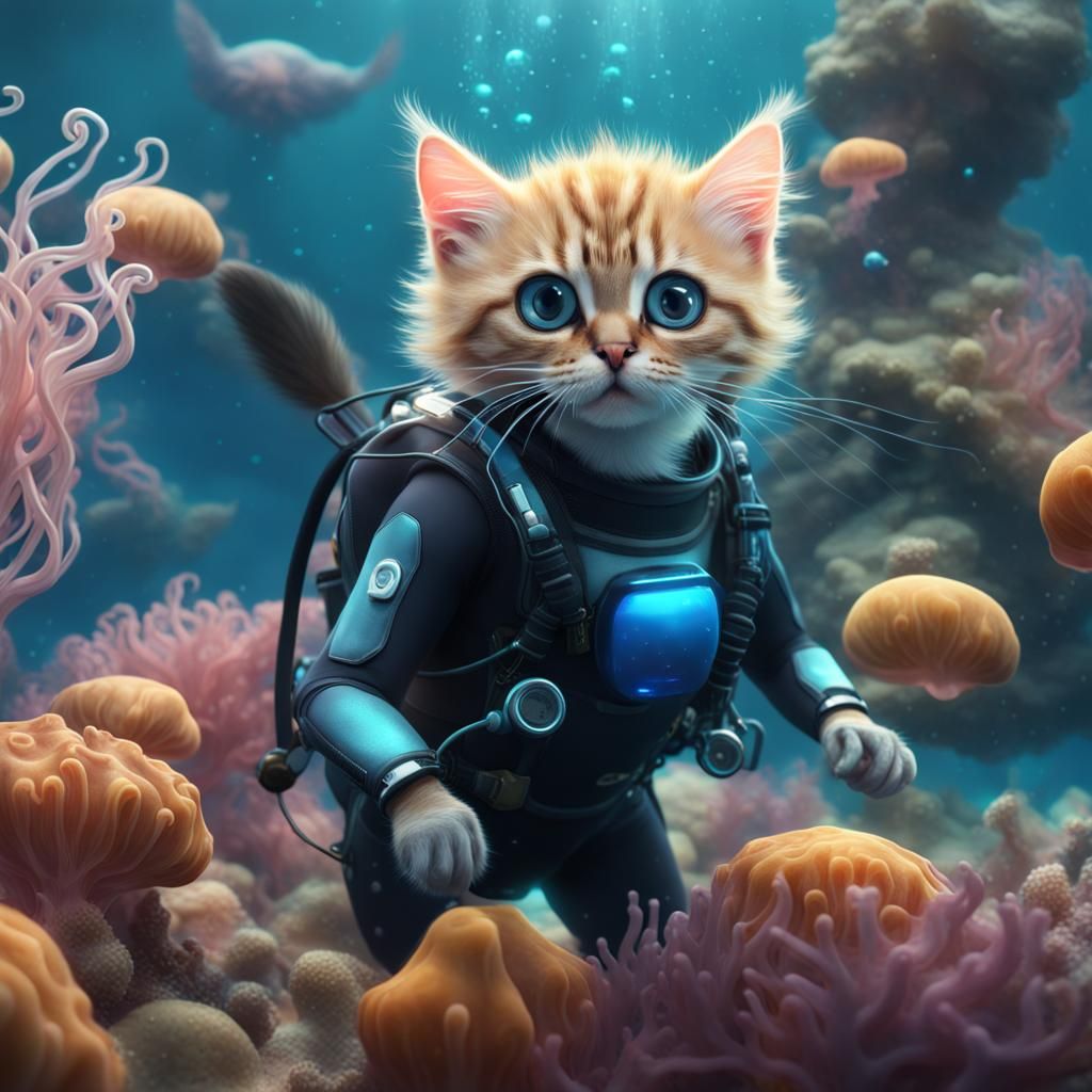 Kitten Scuba Diving with Jellyfish in Detailed Painting