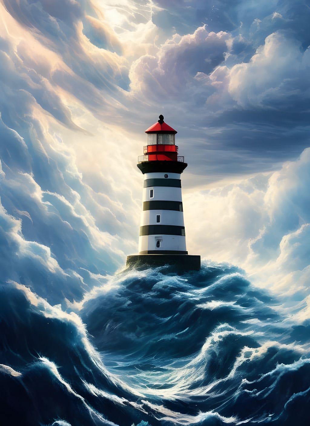 Ocean Lighthouse with Epic Clouds, Digital Illustration