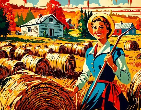 Soviet Poster: Woman in Kolkhoz at Sunset