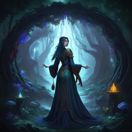 Mysterious Sorceress in Enchanted Tree Archway Pixel Art