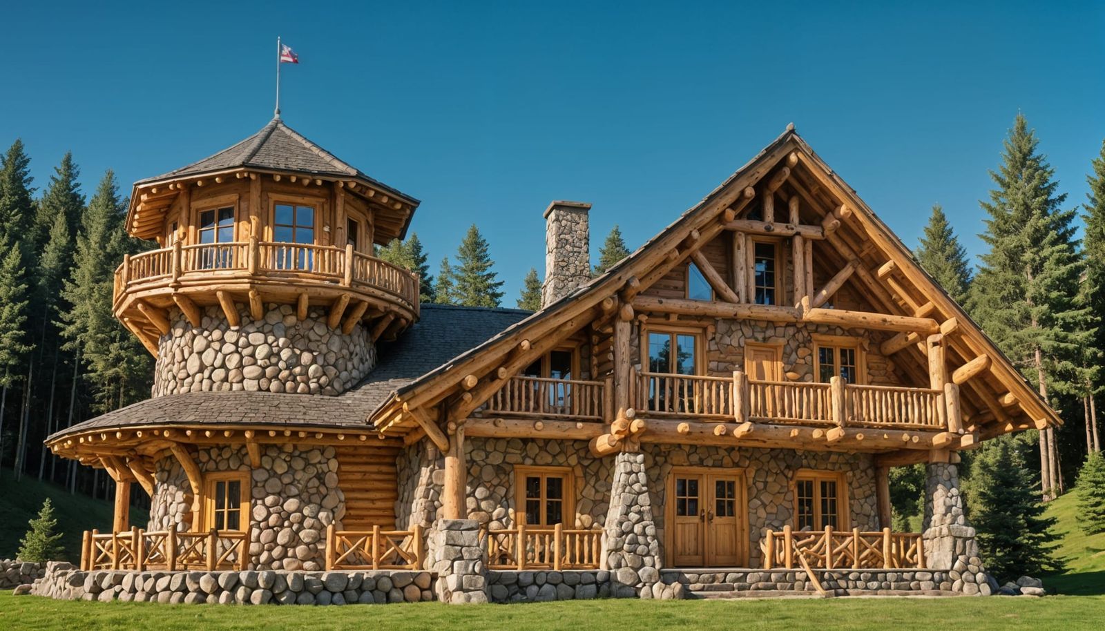 Luxurious Log Lodge with Tower in Natural Lighting