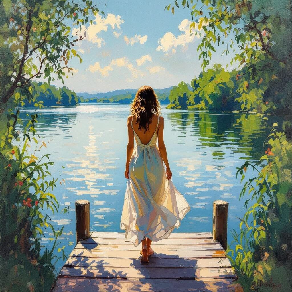 Woman on Dock Overlooking Summer Lake, Impressionistic Style