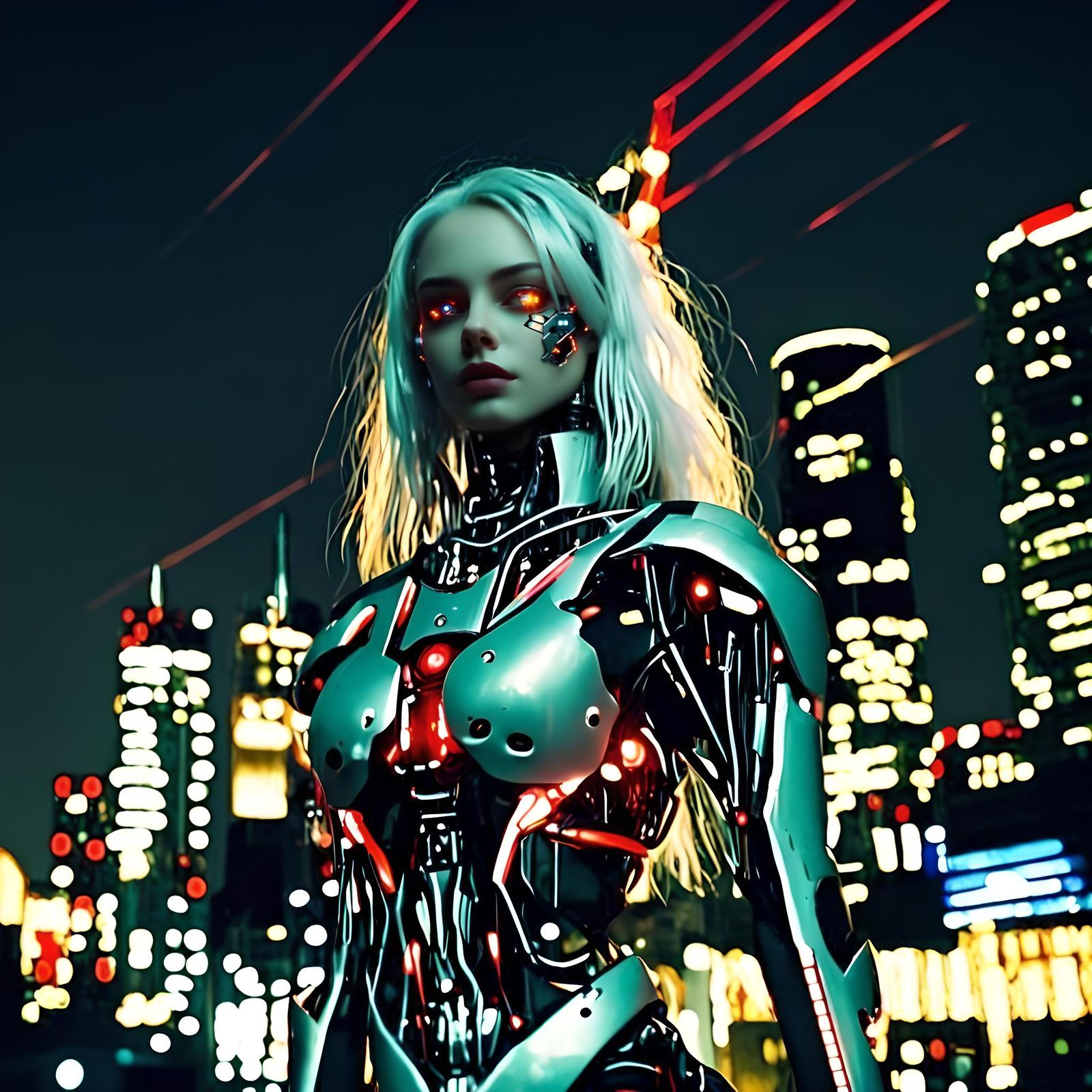 Cyborg Girl with Red Eyes in Cyberpunk City