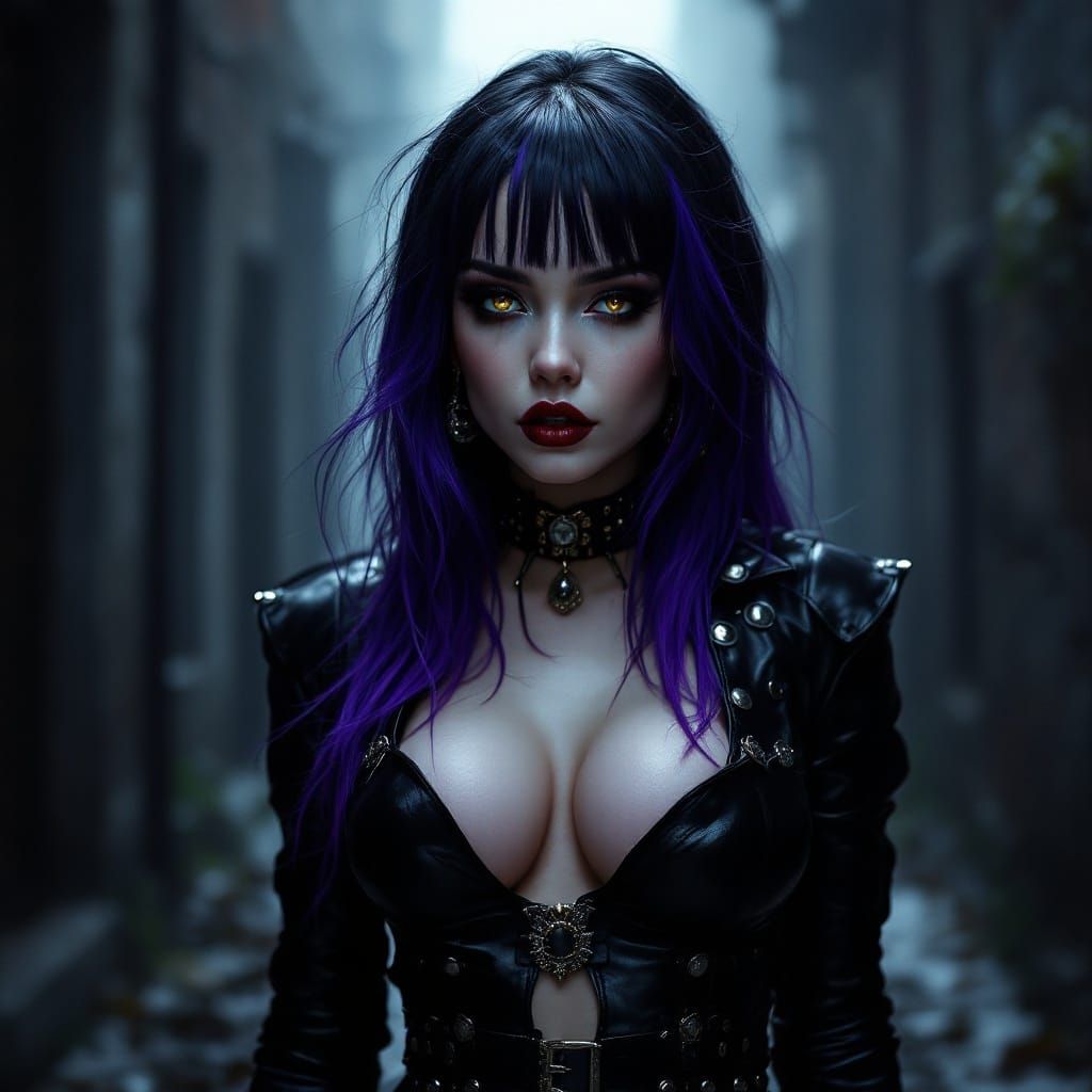 Gothic Woman in Black Leather with Purple Hair Highlights