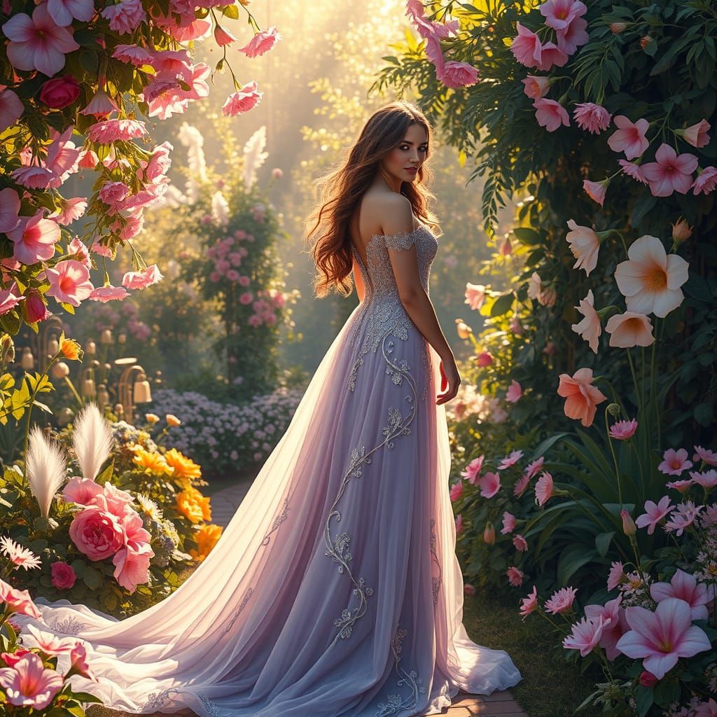 Serene Woman in Lavender Gown amidst Lush, Dreamy Garden