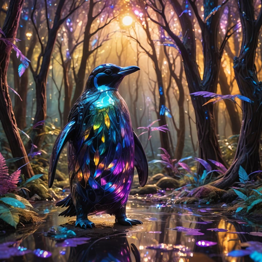 Glass Penguin in Mystical Glowing Forest