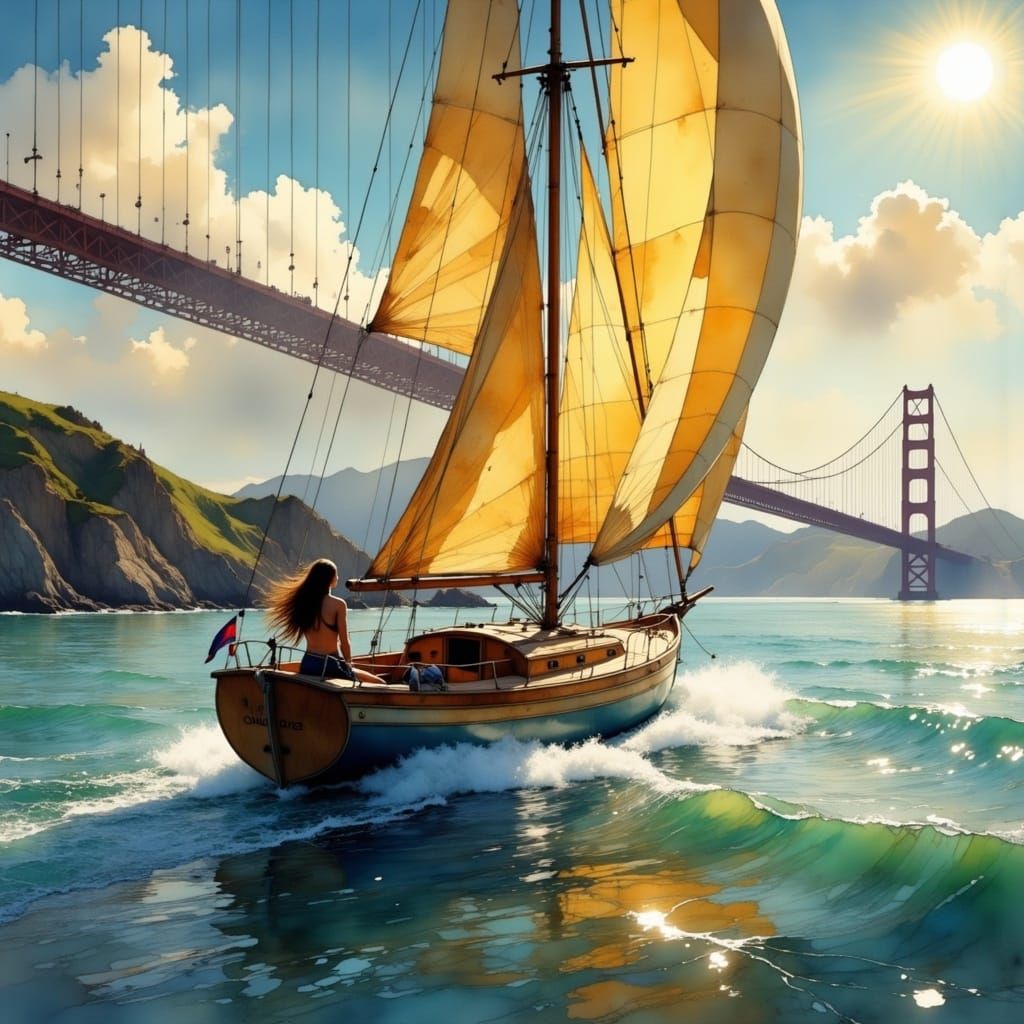 Sailboat Gliding Near Golden Gate Bridge in Painterly Style
