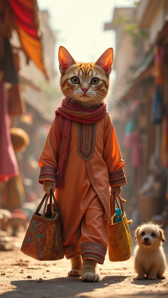 Anthropomorphic Cat in Pakistani Bazaar, Realistic Style