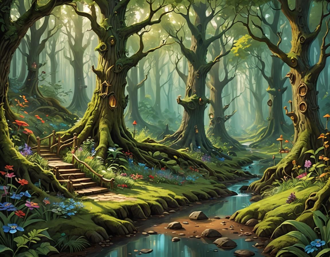 Enchanted Forest Scene with Whispering Trees