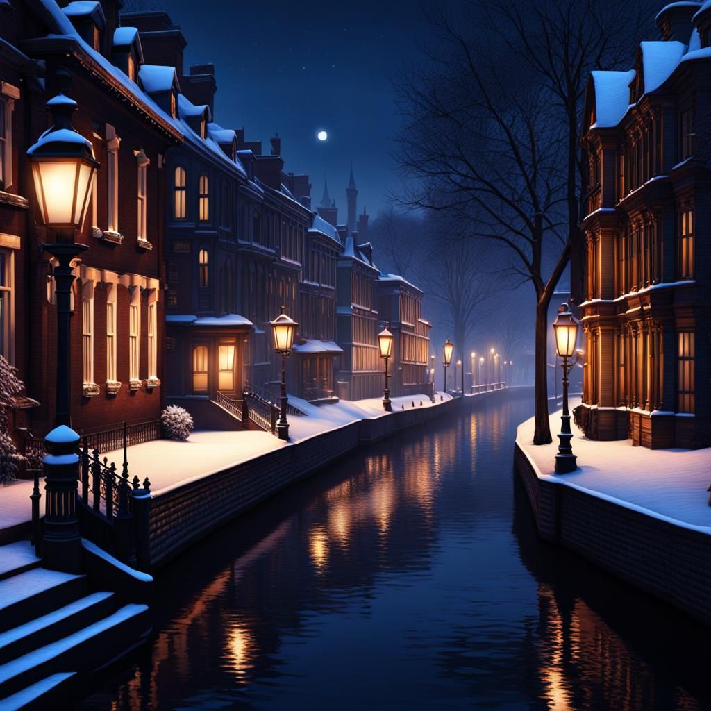 Victorian River Town in Winter Night