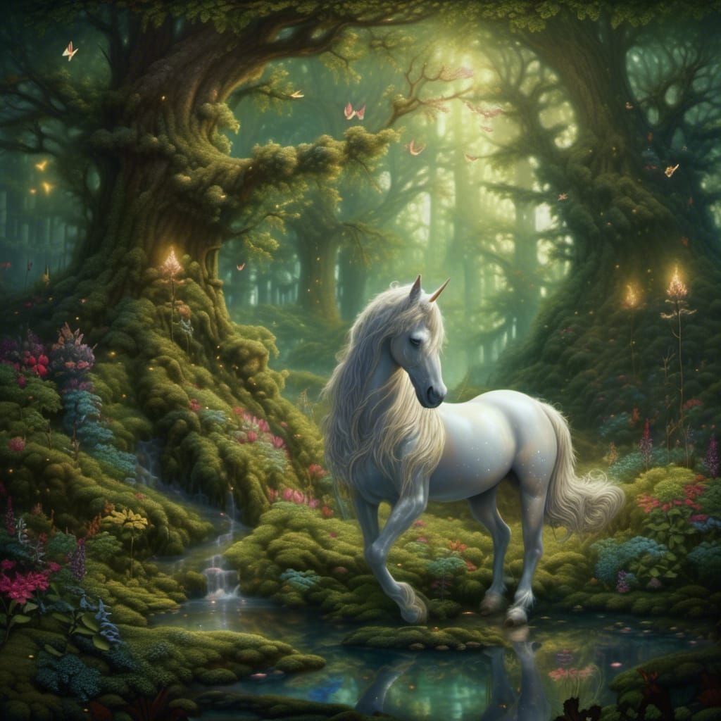 Unicorn in Mystical Forest with Ethereal Light