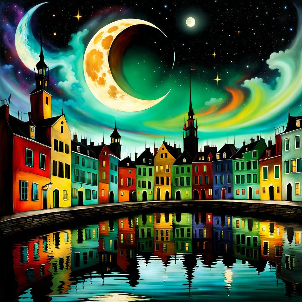 Colorful Surreal Cityscape at Night with Galaxy Sky