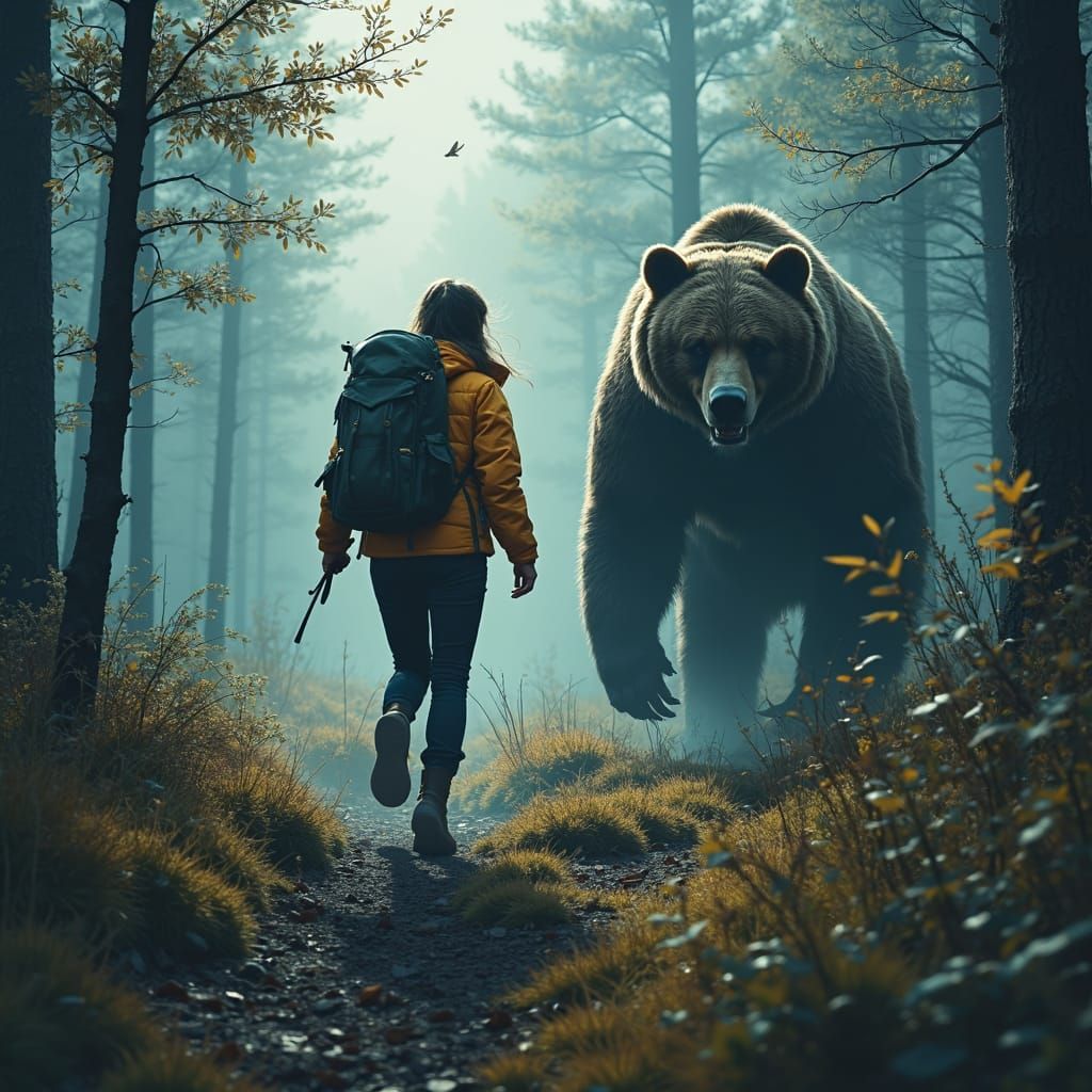 Woman Chasing Grizzly Bear in Dark Forest