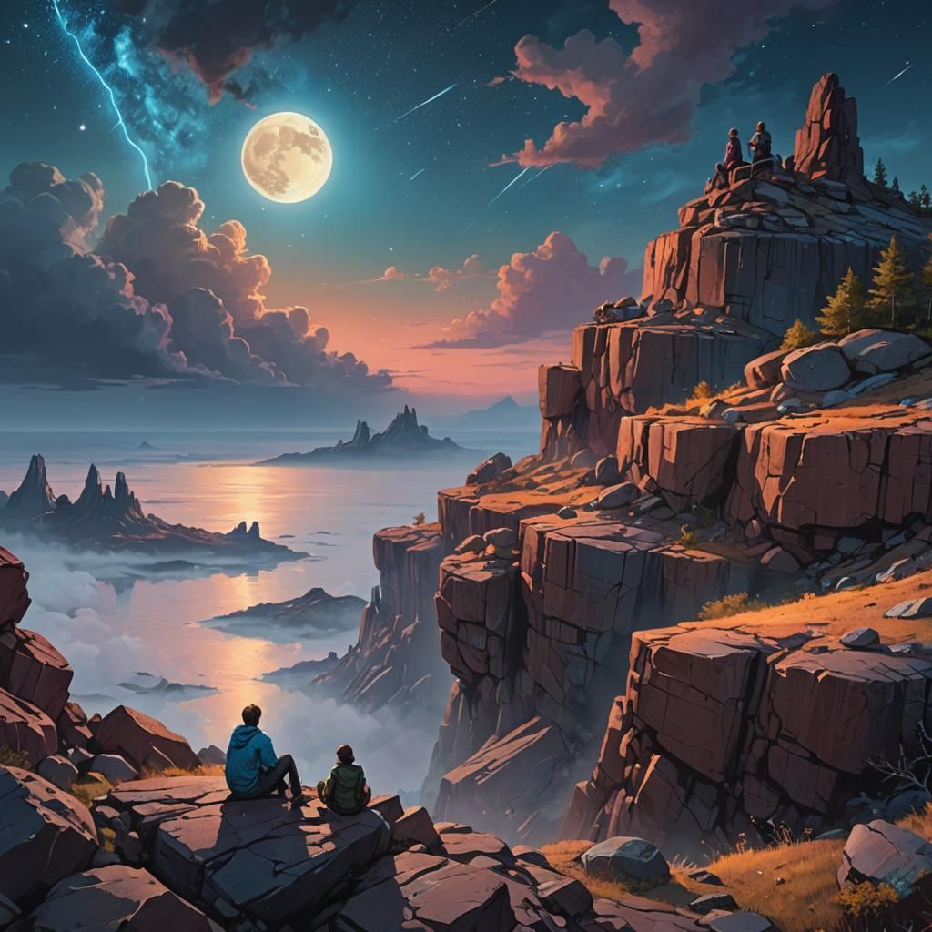 Dreamy Fantasy Landscape with Blue Moon Clouds