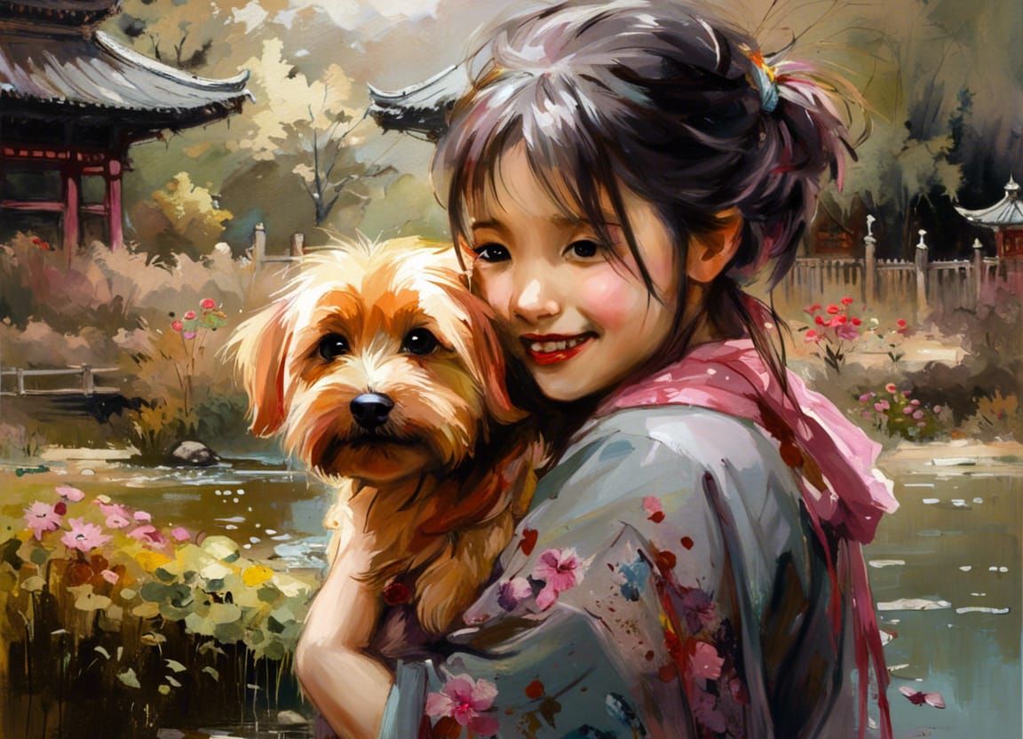 Joyous Girl Hugging Dog in Japanese Garden