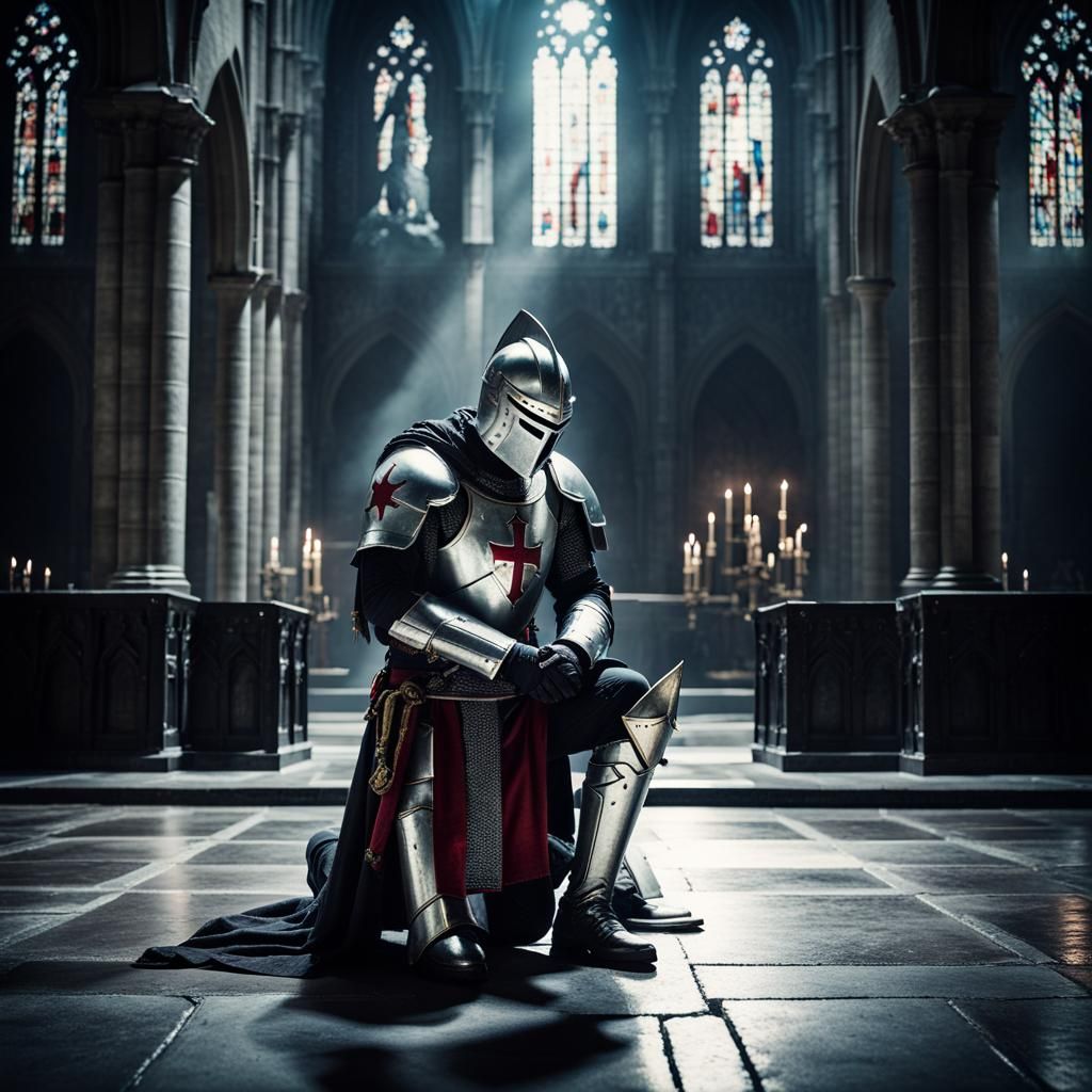 Templar knight kneeling and praying in cathedral.