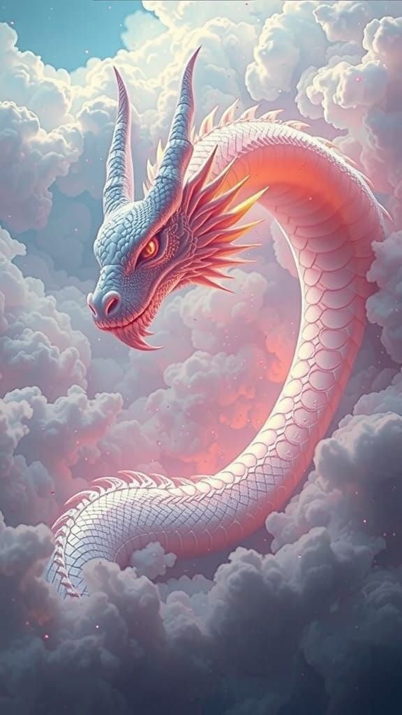Majestic White Dragon in Glowing Clouds