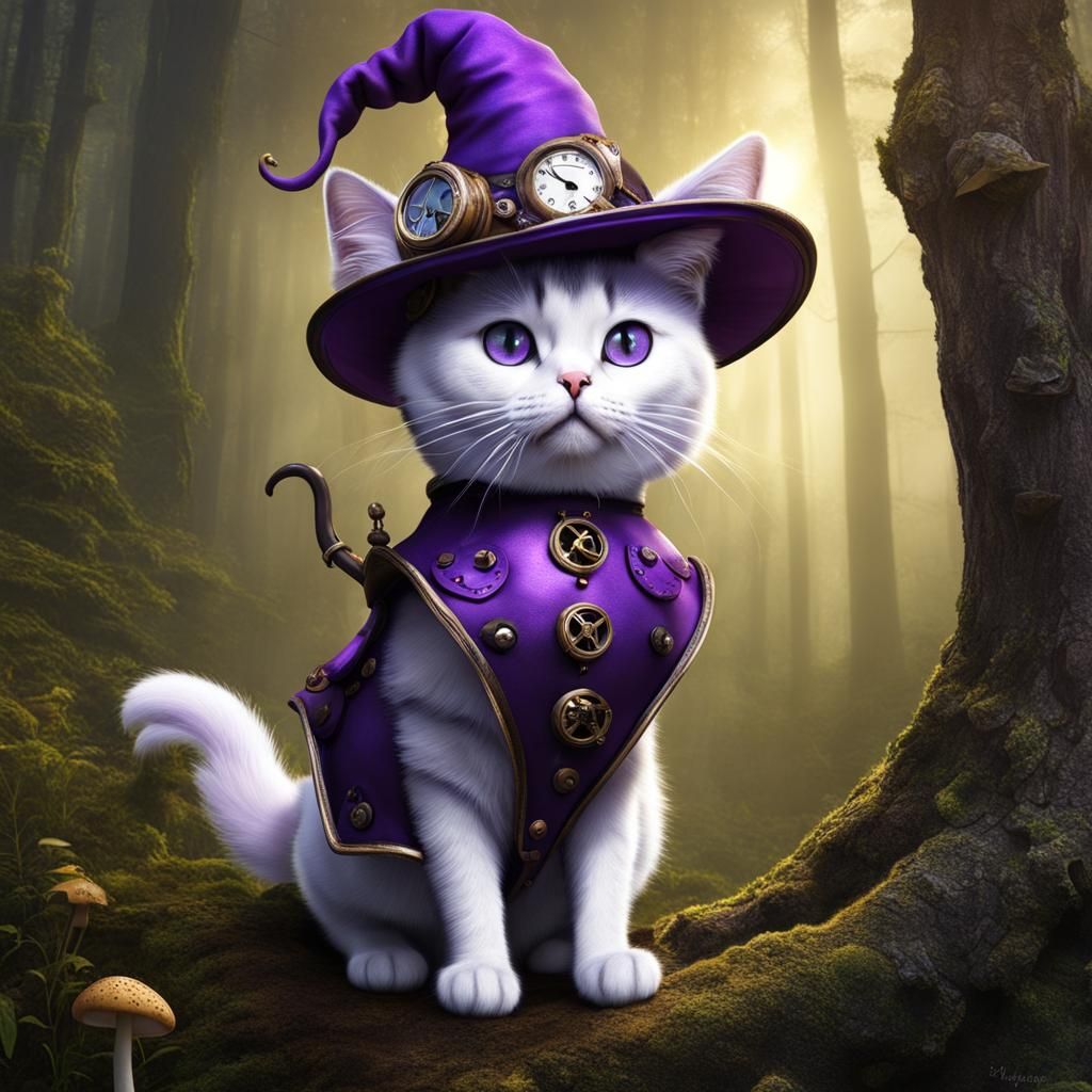 Steampunk Witch Cat in Forest Optical Illusion