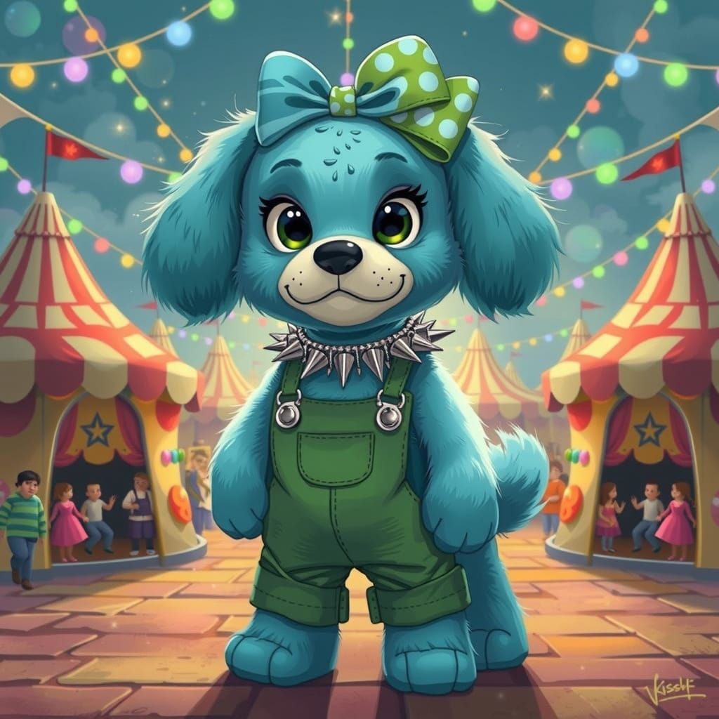 Cyan Dog in Circus, Whimsical Art Style