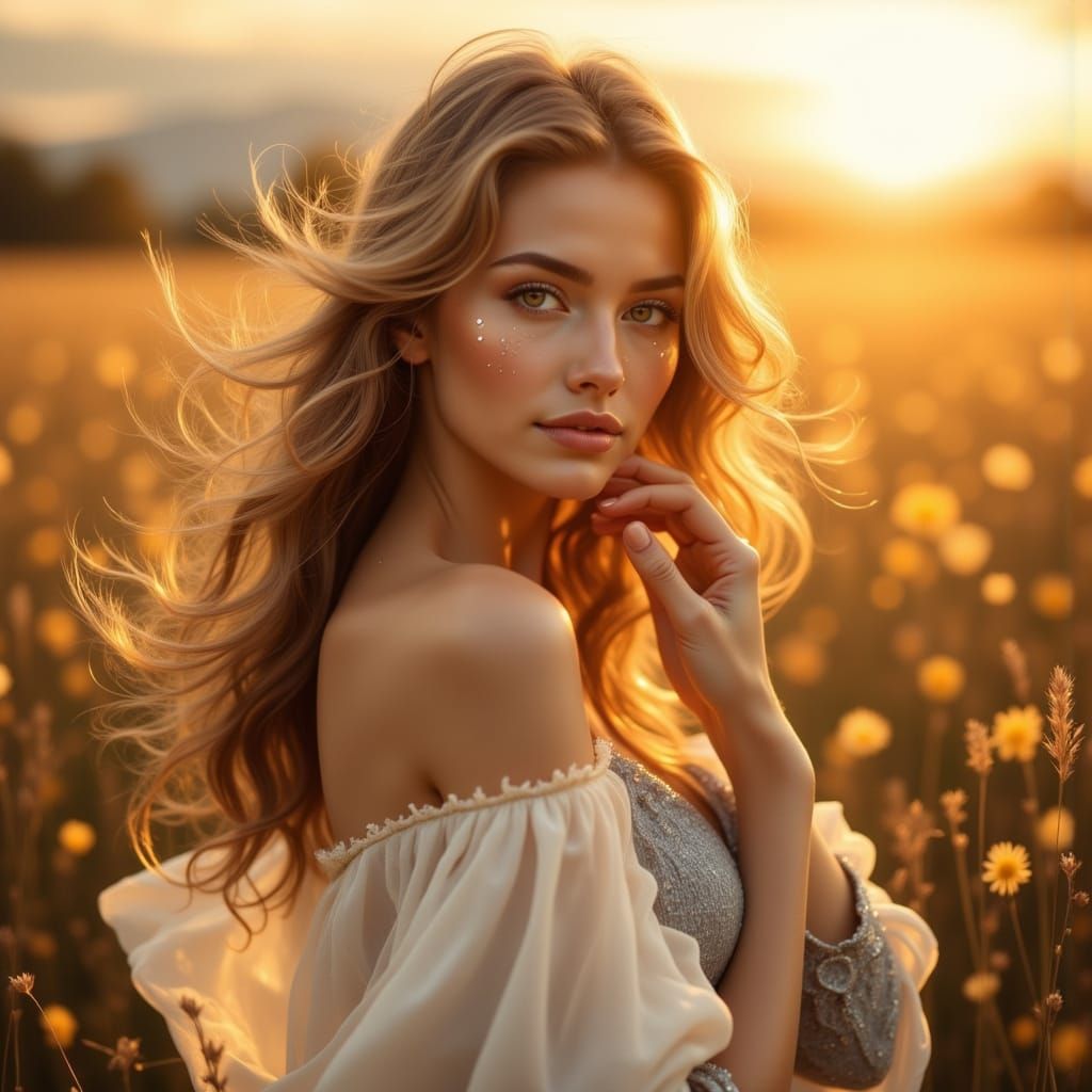 Celestial Embrace in Golden Light: Dreamy Portrait