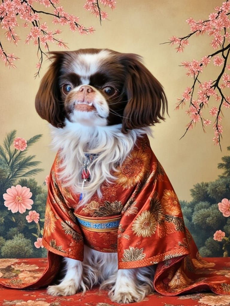 Classical Japanese Dog Portrait in Vibrant Kimono Style