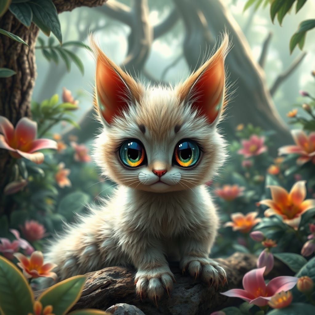 Enchanting Fuzzy Cat-Caterpillar Hybrid in Vibrant Botanical...