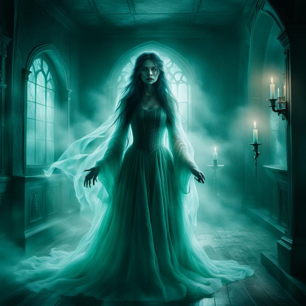 Ethereal Ghost in Haunted House: Gothic Illustration