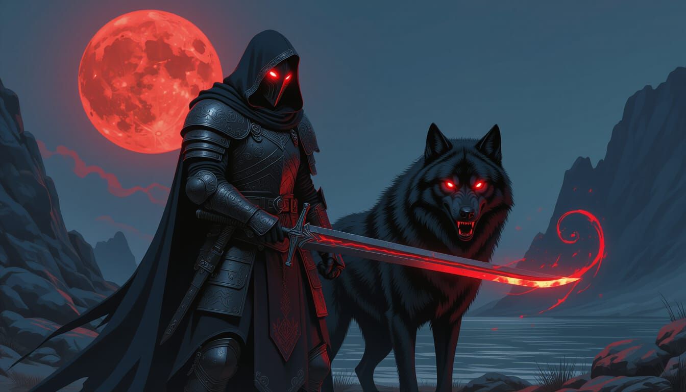 Armored Warrior & Wolf Under Blood Moon