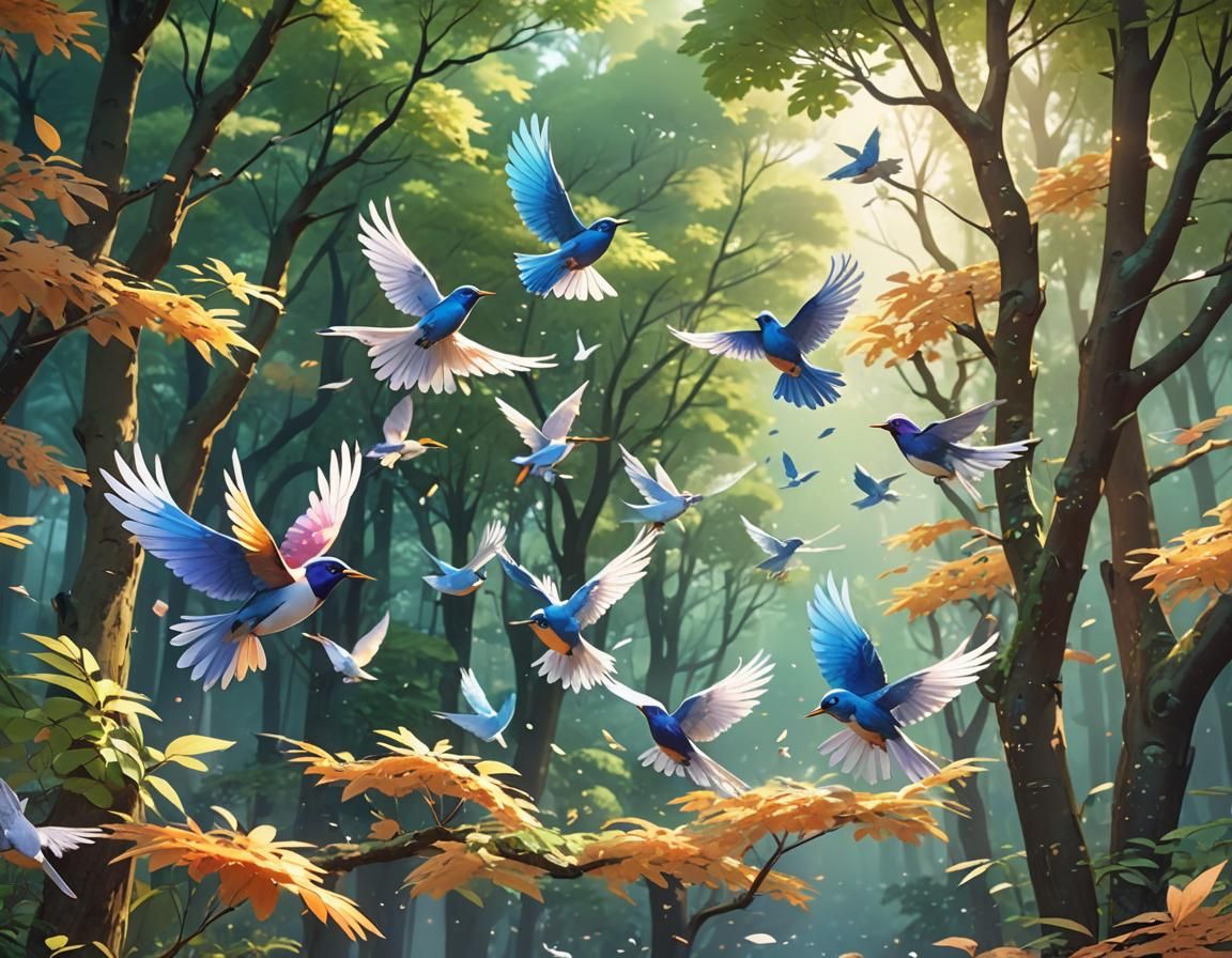 Anime Birds in Forest with Sunlight, 3D Art
