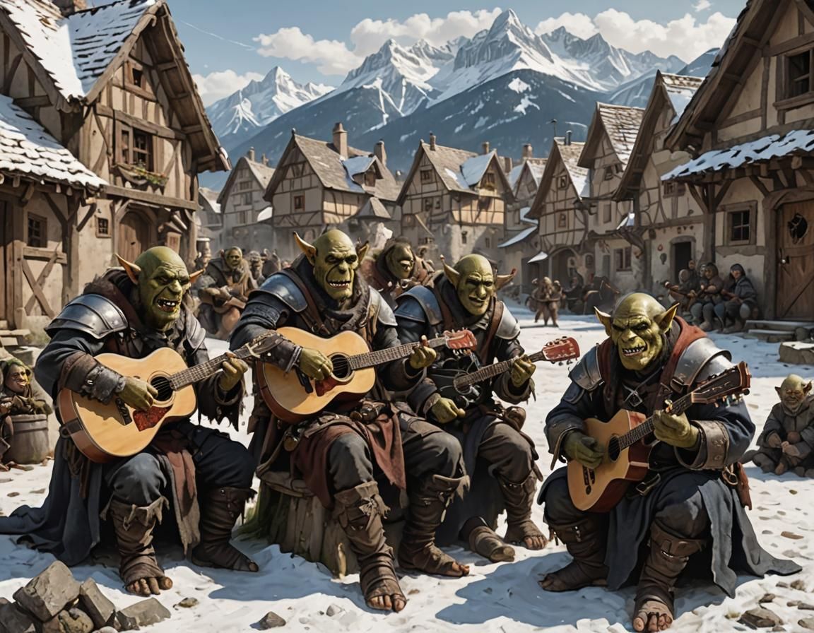 Orcs Playing Guitars in Medieval Village