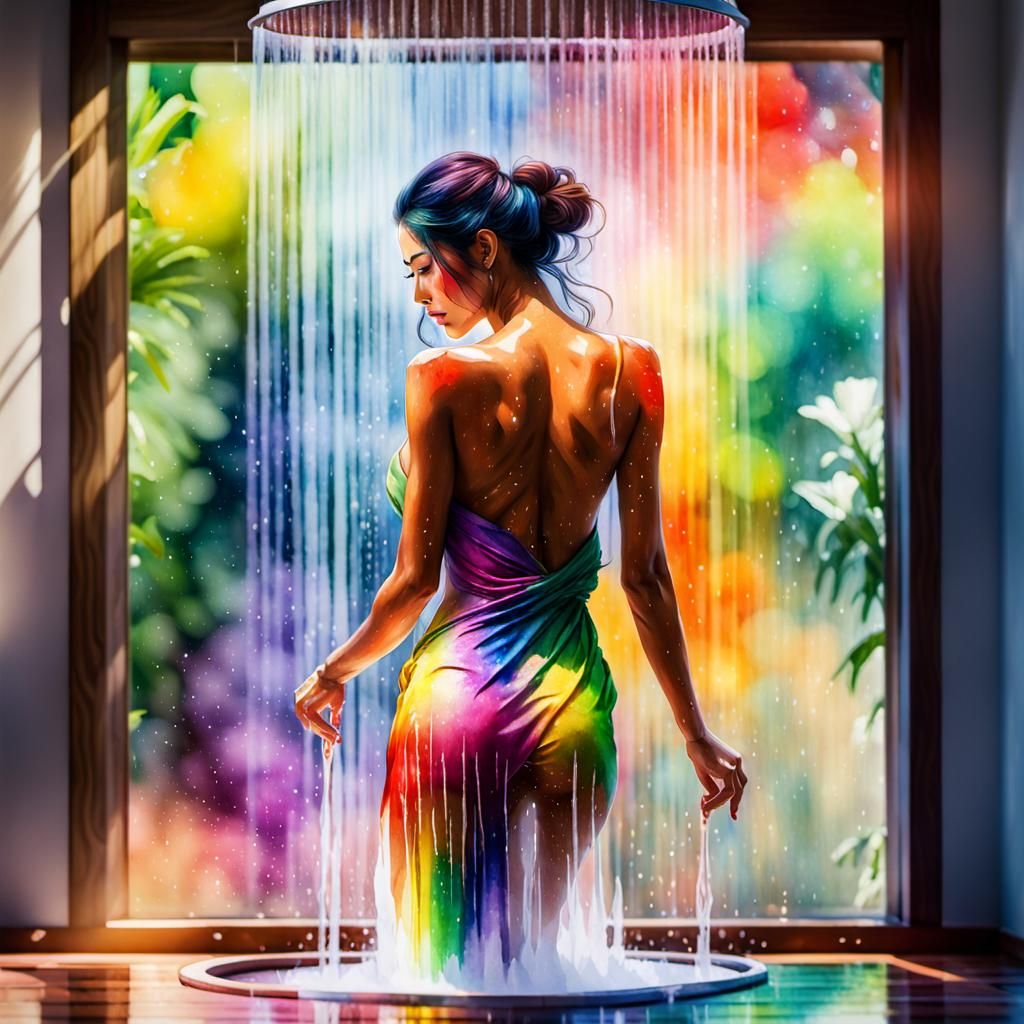 Rainbow Watercolor: Sensual Woman Showering, Digital Art